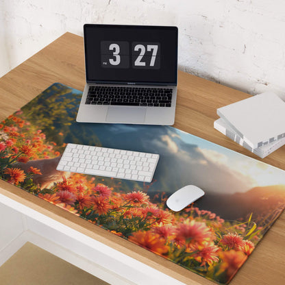 Vivid Floral Field gaming mouse pad with puppy, orange pink sunset flowers