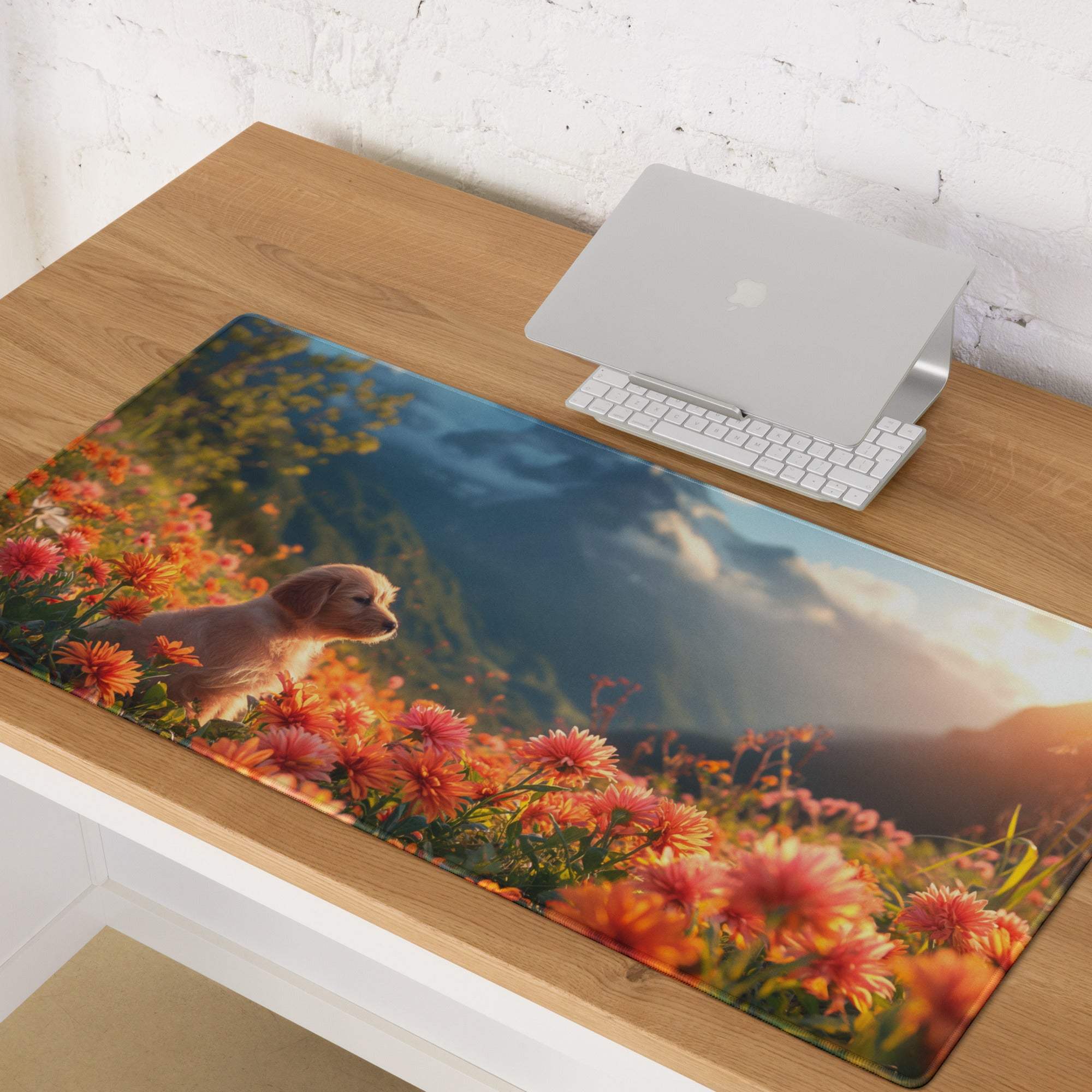 Vivid floral puppy gaming mouse pad with non-slip base and stitching