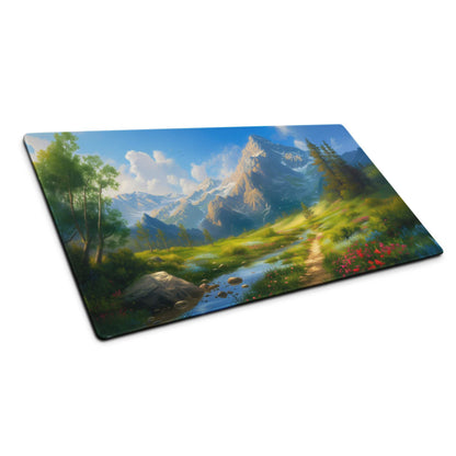Serene mountain landscape glass cutting board with non-slip backing