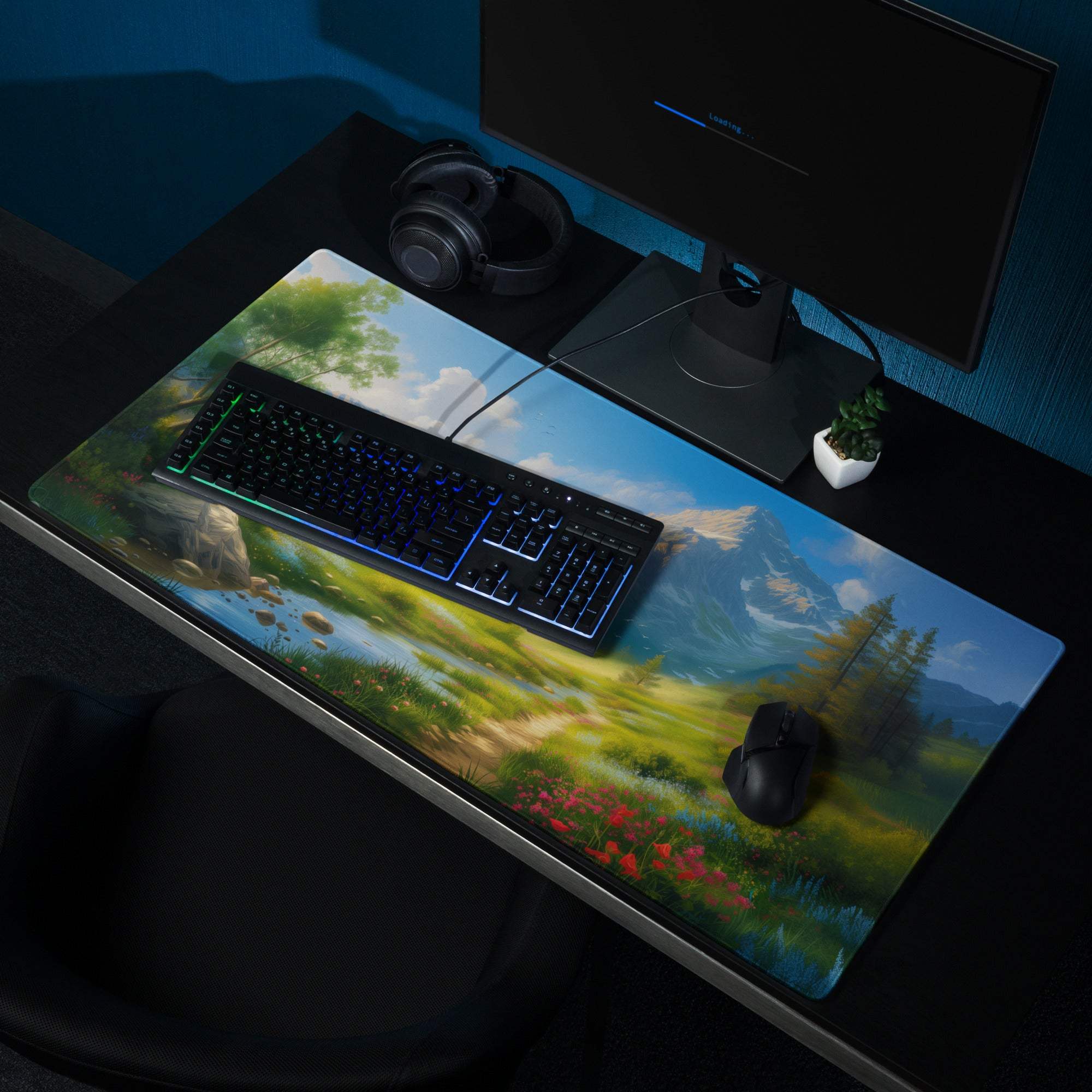 Serene Mountain Landscape gaming mouse pad with non-slip backing