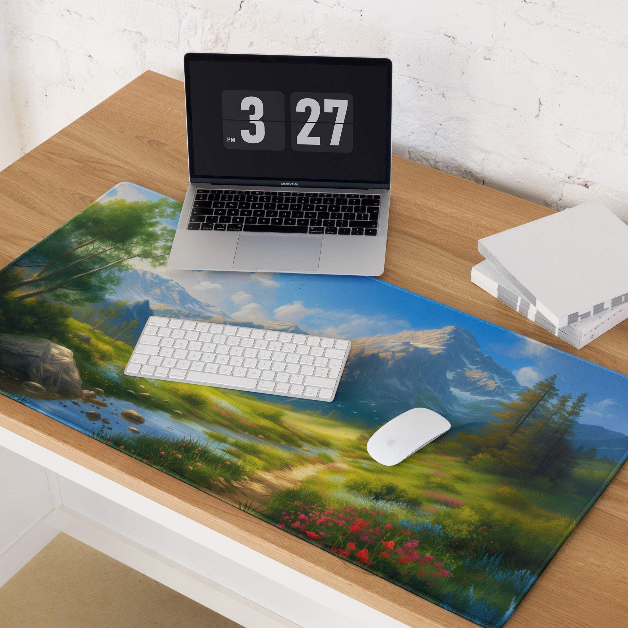 Serene mountain landscape gaming mouse pad with non-slip backing