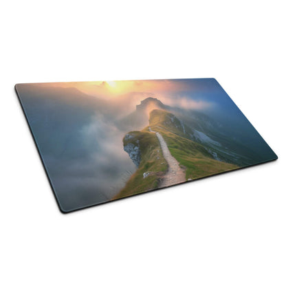 Vibrant sunrise mountain ridge gaming mouse pad with misty peaks path