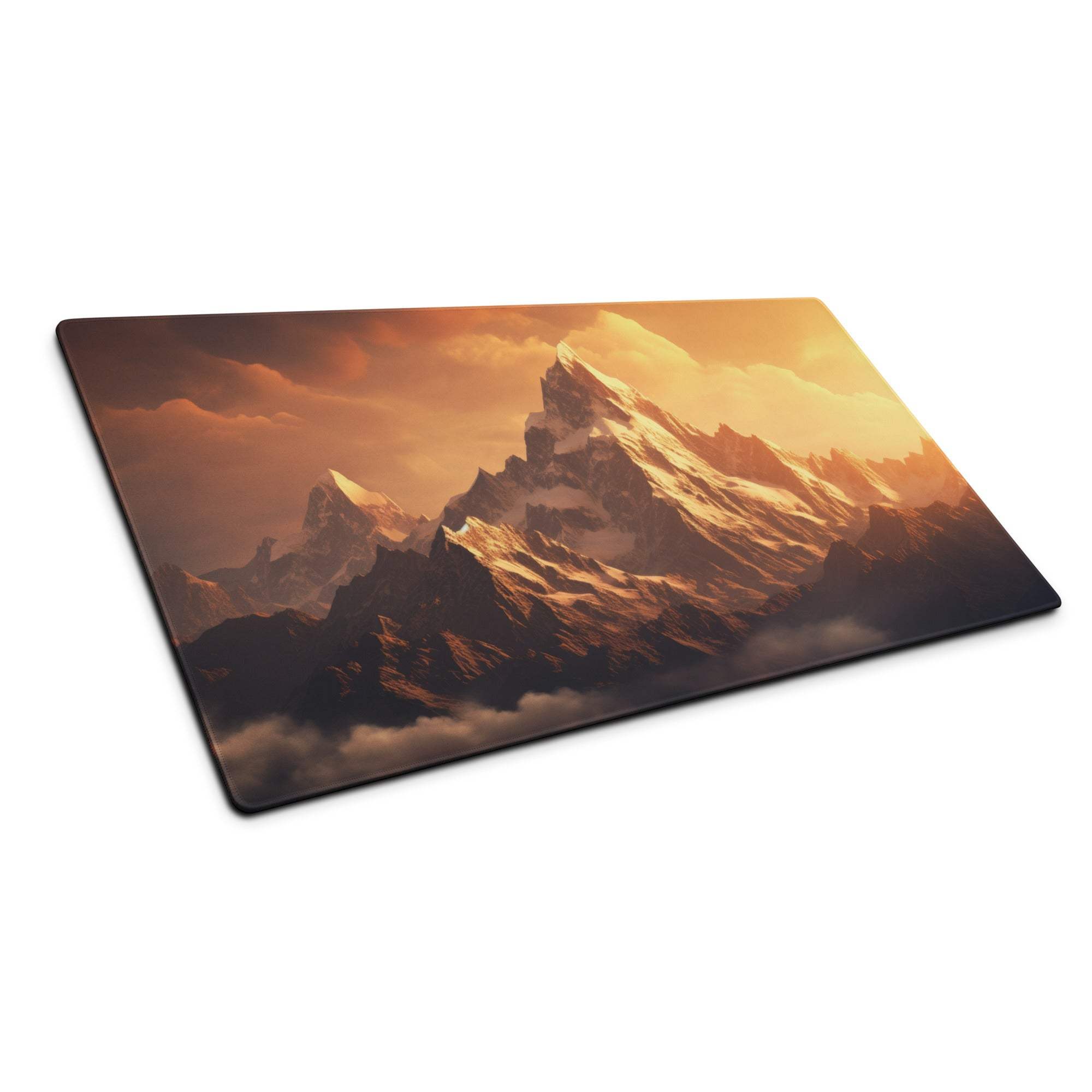 Epic Mountain Sunset large gaming mouse pad with vivid mountain landscape under orange sky