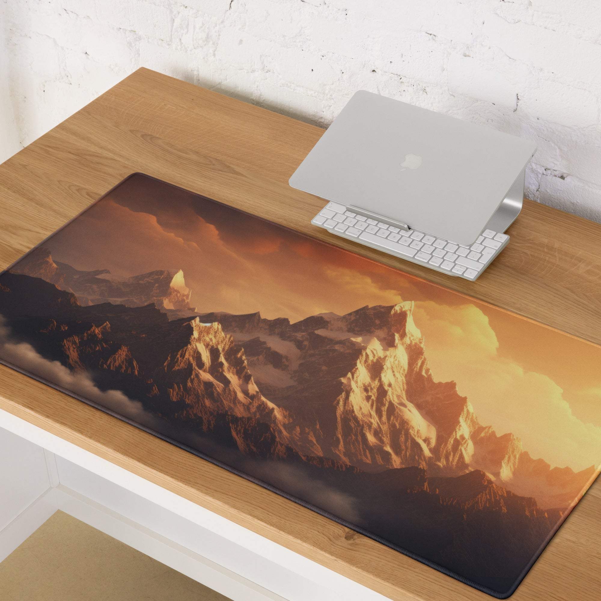 Epic Mountain Sunset gaming mouse pad with vivid orange peaks and clouds