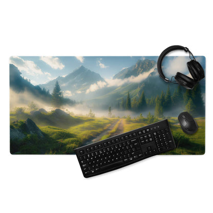Serene Mountain Landscape Gaming Mouse Pad with misty valleys and non-slip base