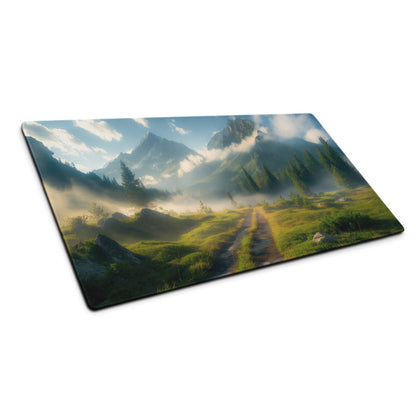 Serene mountain landscape gaming mousepad with misty peaks and non-slip base
