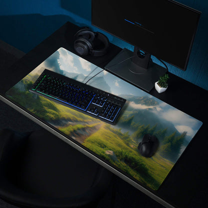 Serene Mountain Landscape Gaming Mouse Pad with green hills and non-slip base