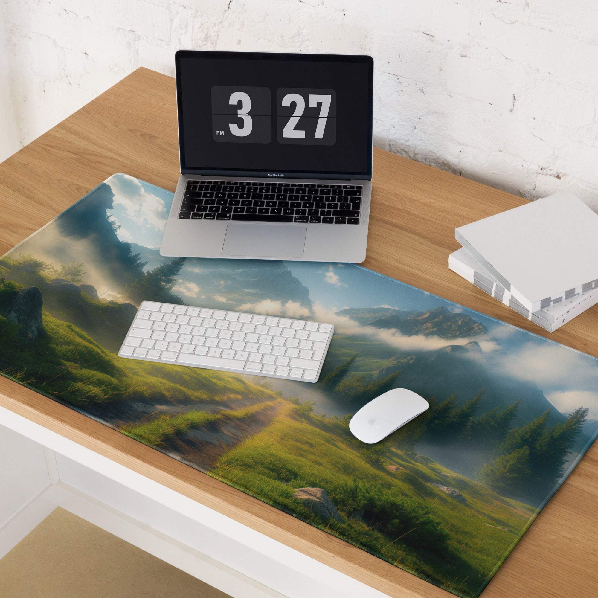 Serene mountain landscape gaming mousepad with misty peaks, valleys, non-slip base