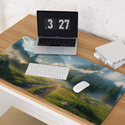 Serene mountain landscape gaming mousepad with misty peaks, valleys, non-slip base
