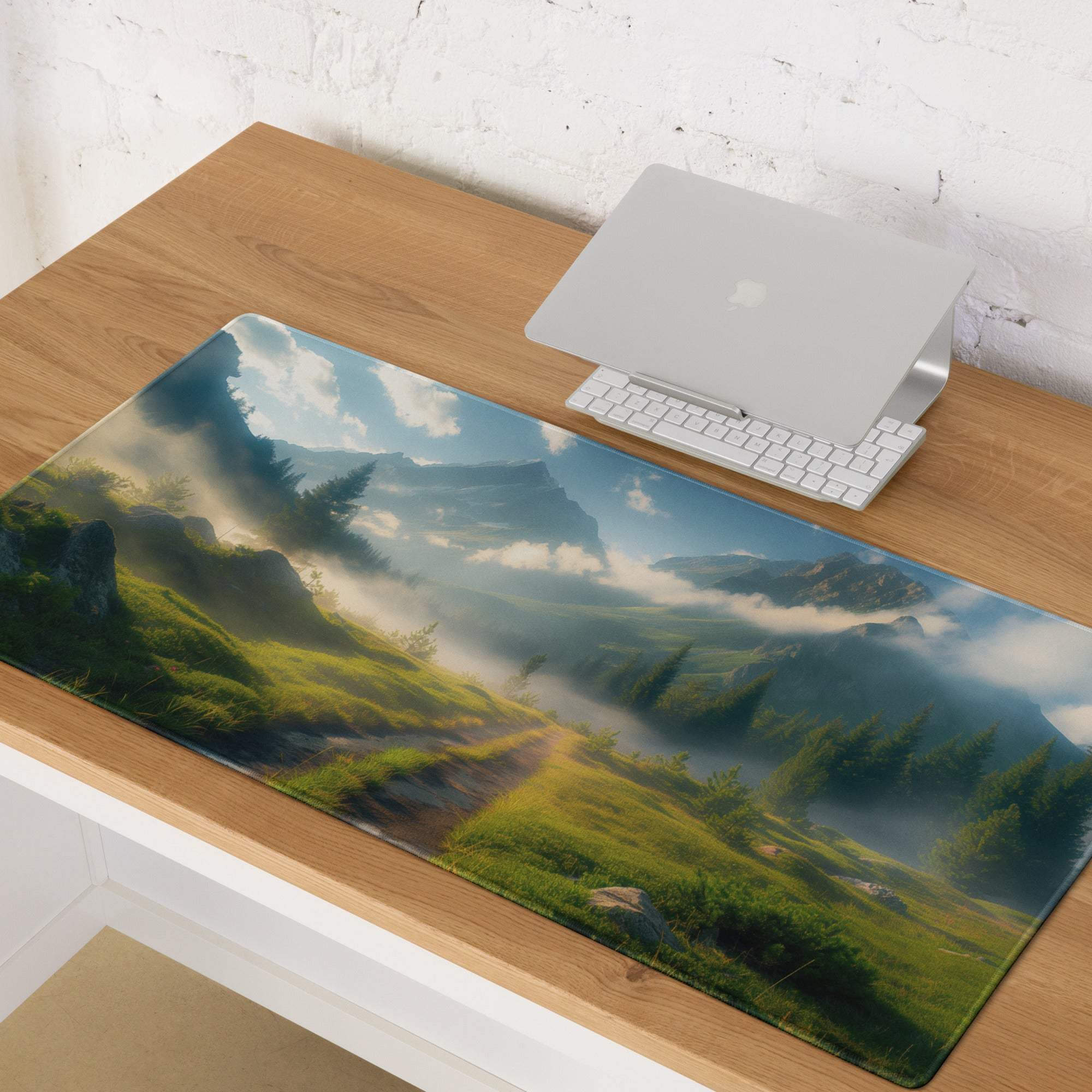 Serene mountain landscape gaming mouse pad with misty green valleys, non-slip base