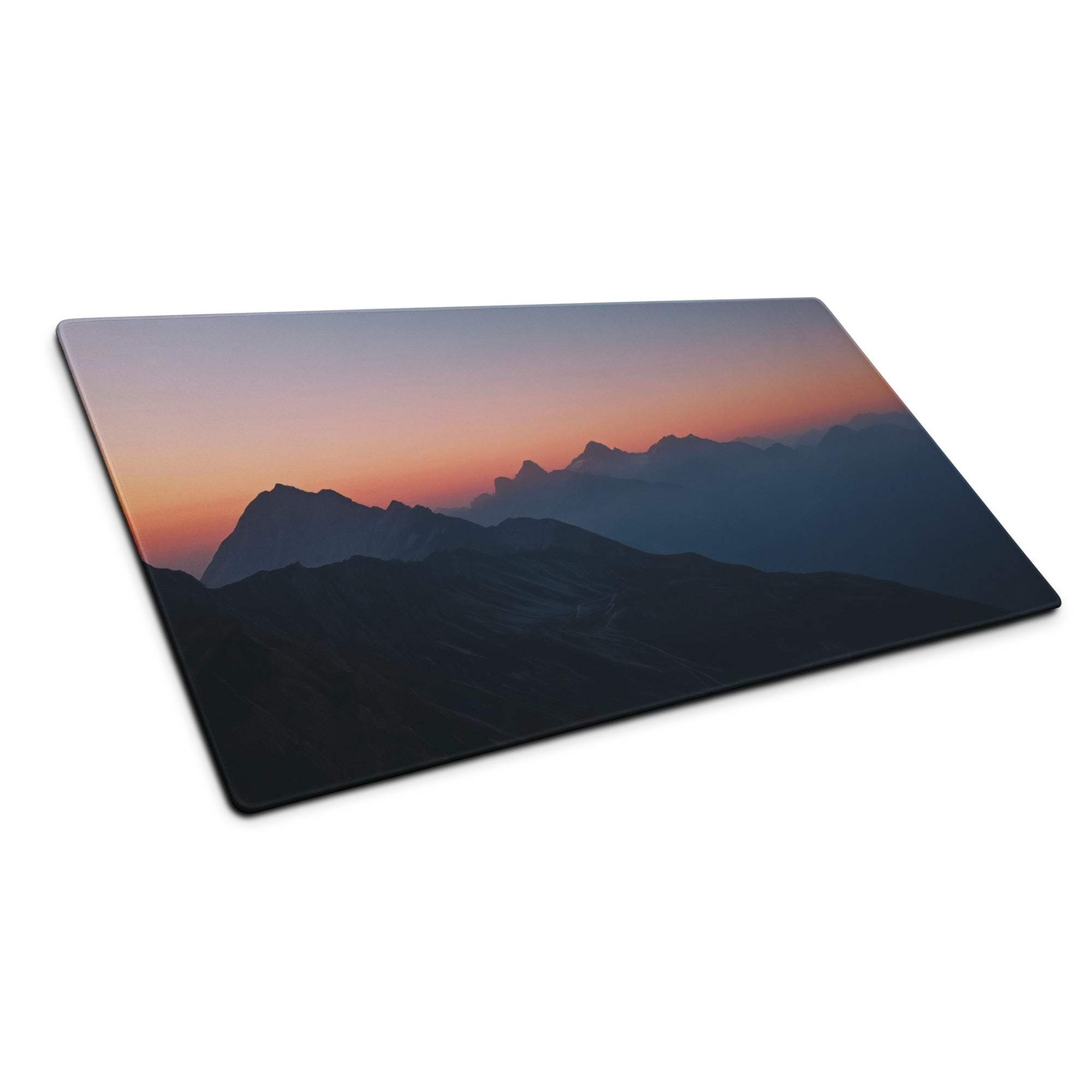 Minimalist mountain sunset mouse pad with warm orange dusk landscape