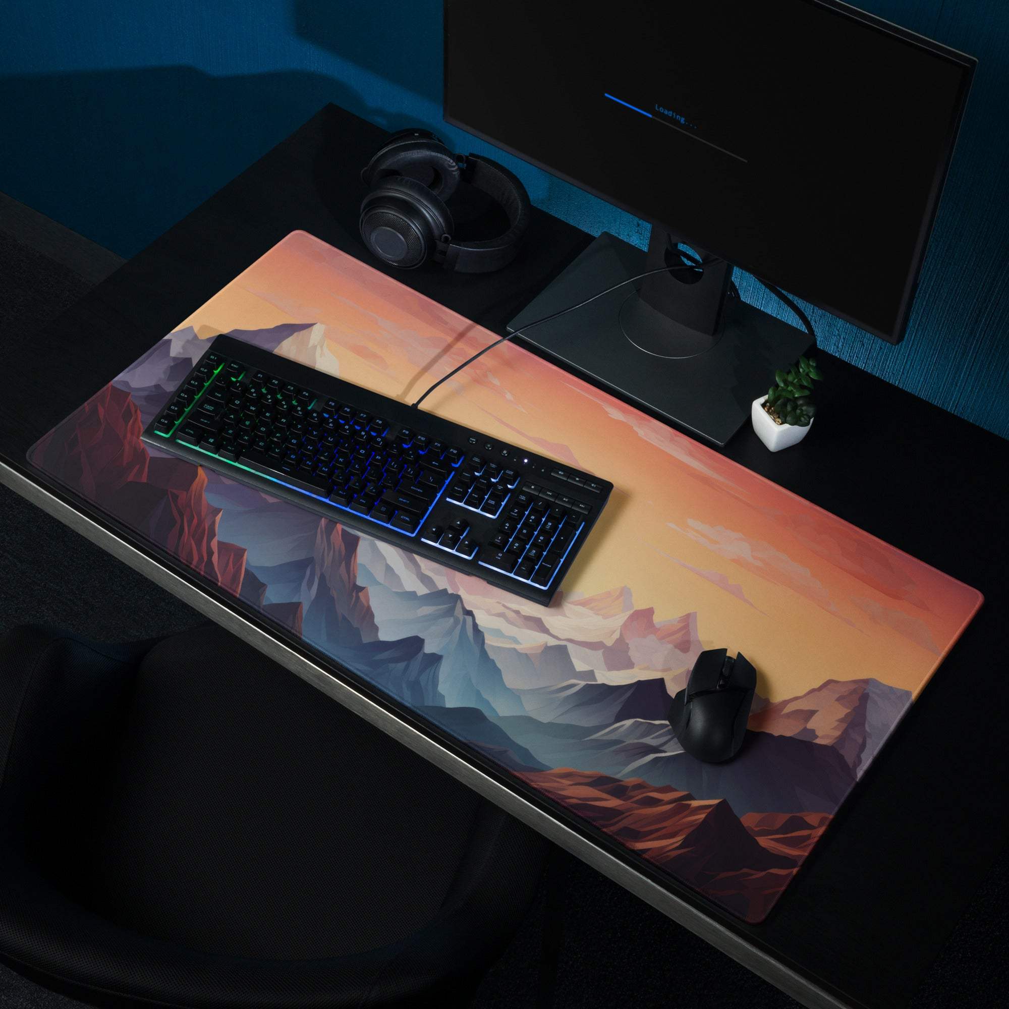 Vibrant mountain sunset gaming mouse pad with non-slip backing