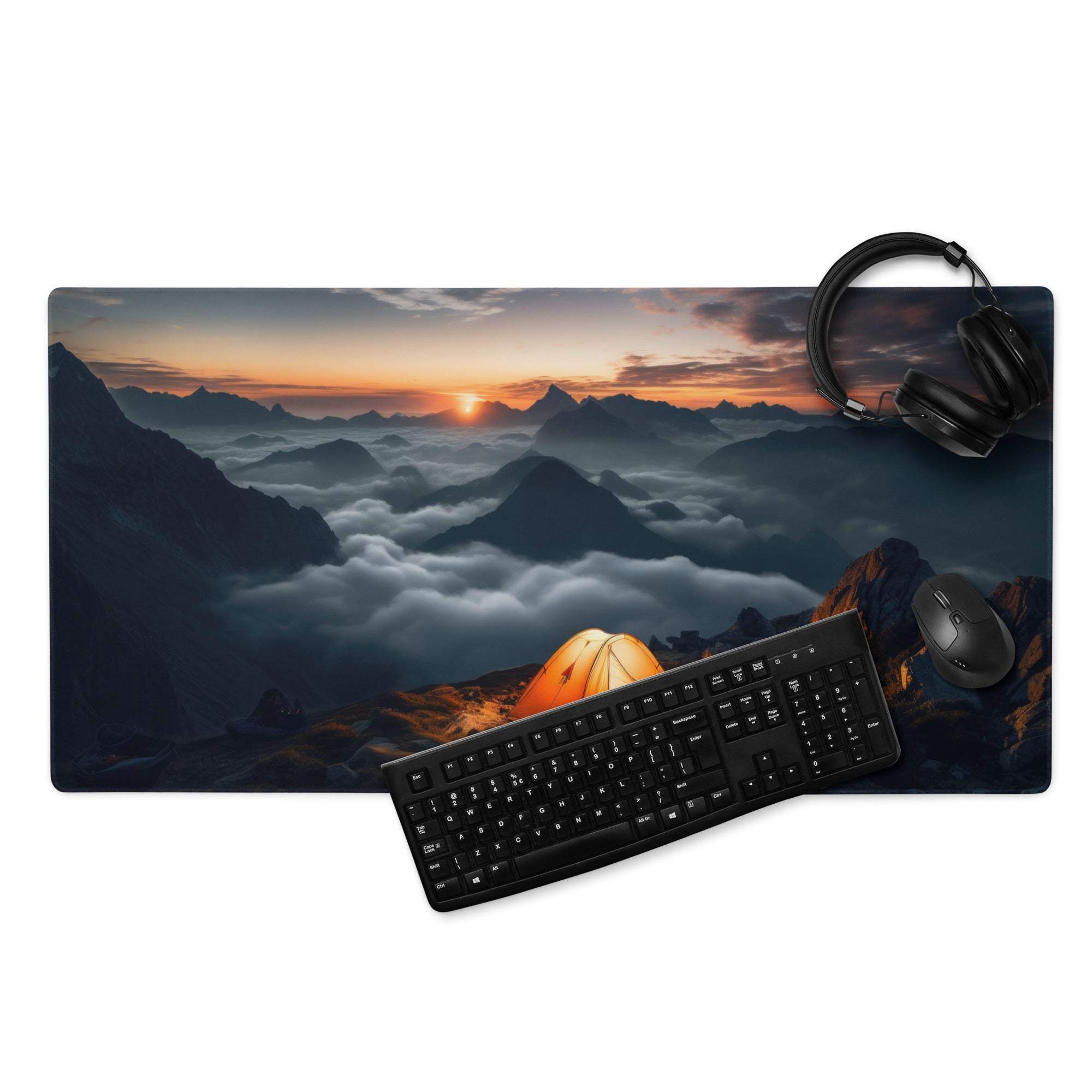 Epic Mountain Sunrise orange tent gaming mouse pad with non-slip backing