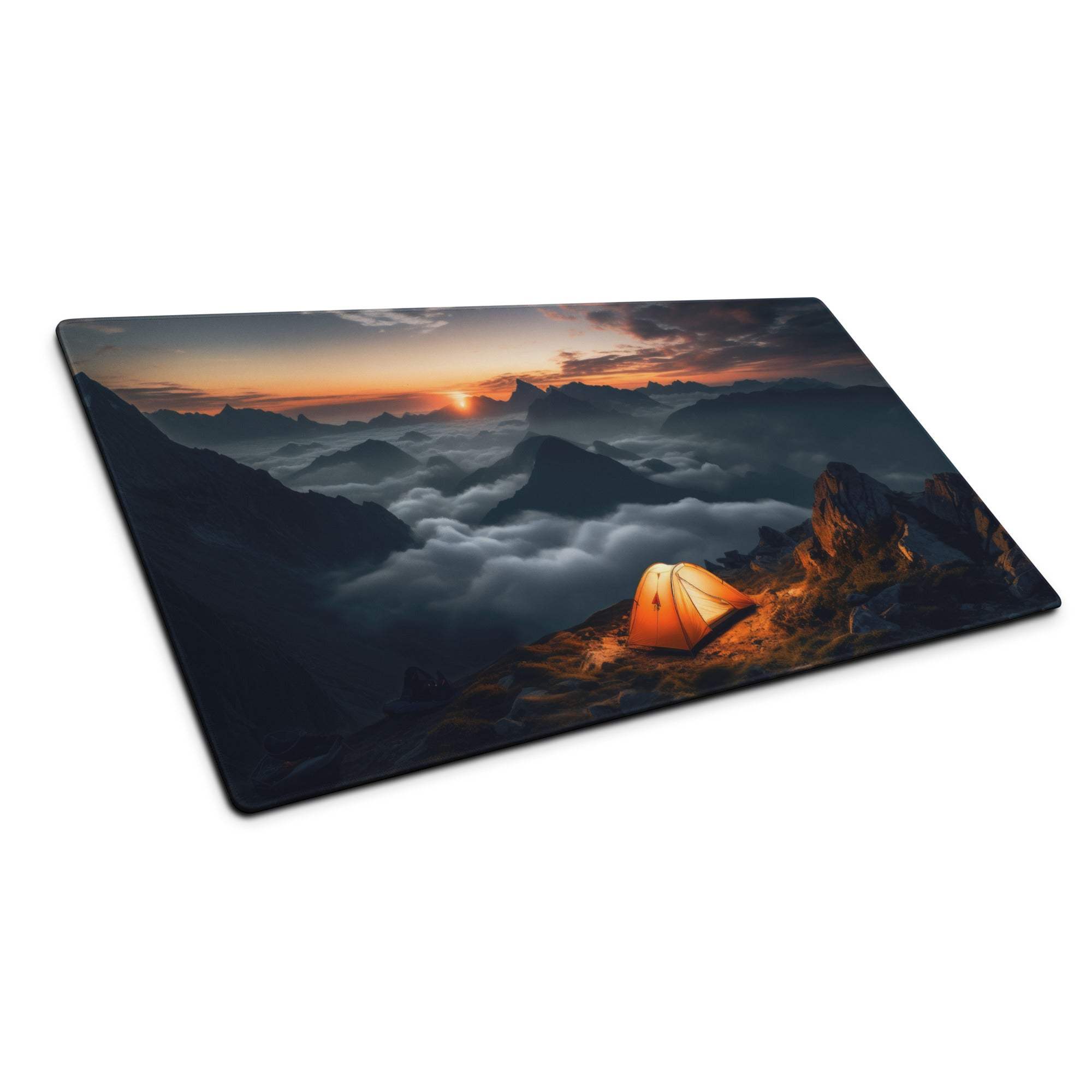 Epic Mountain Sunrise Adventure large gaming mouse pad with scenic tent at sunrise