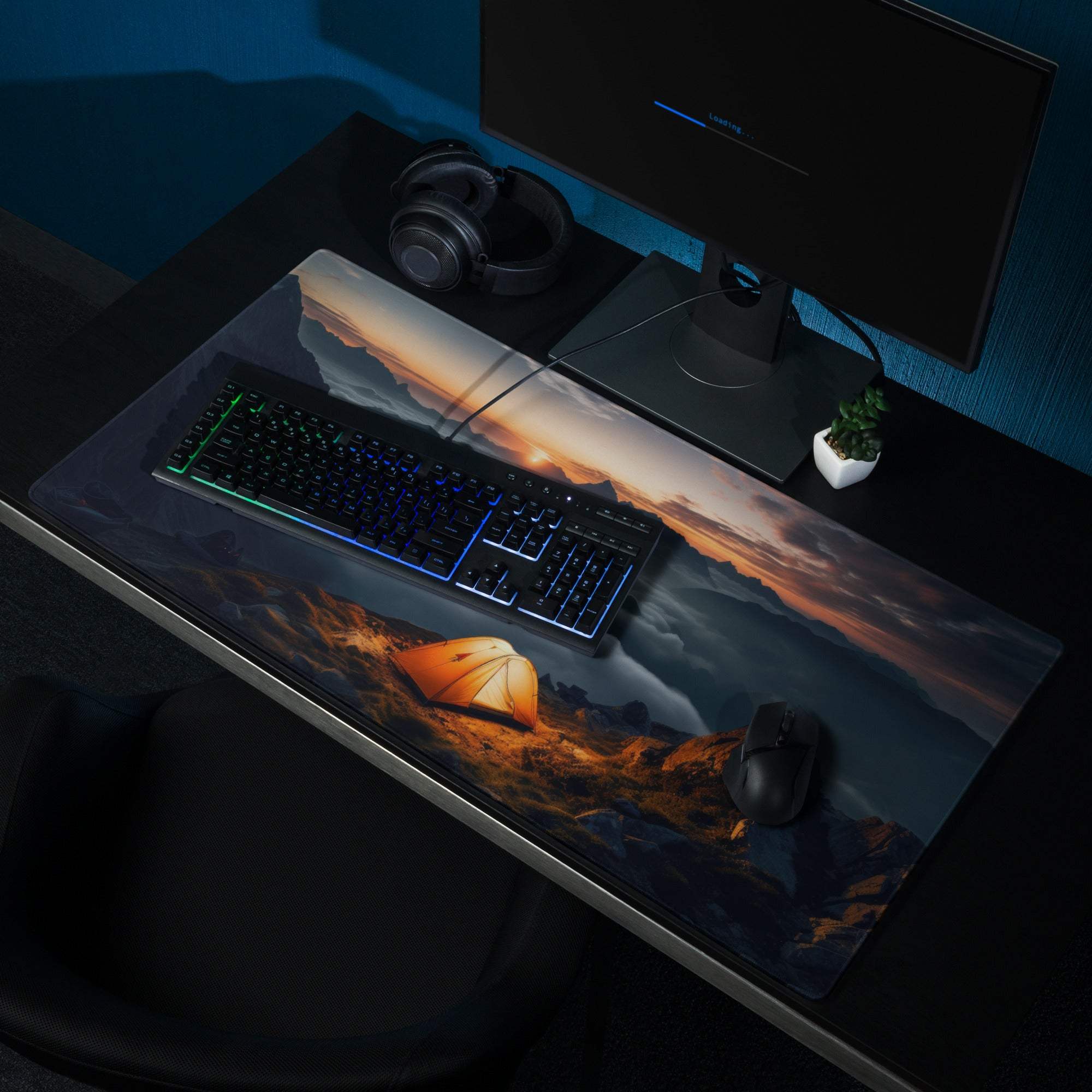 Epic Mountain Sunrise orange sunset gaming mouse pad with tent view