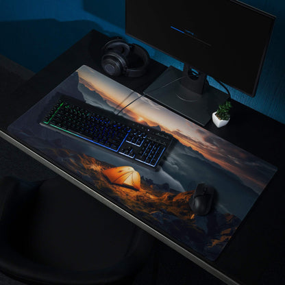 Epic Mountain Sunrise orange sunset gaming mouse pad with tent view