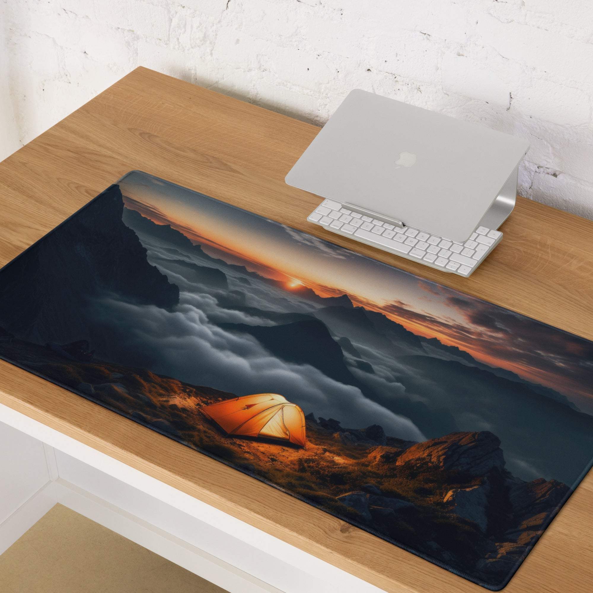 Epic Mountain Sunrise gaming mouse pad with orange tent sunset landscape