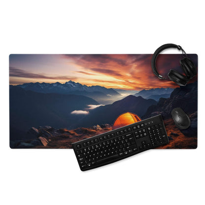 Epic large sunset mountain range gaming mouse pad with orange tent