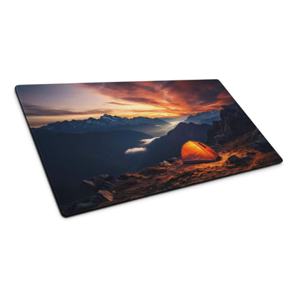 Epic large sunset mountain range gaming mouse pad with orange tent