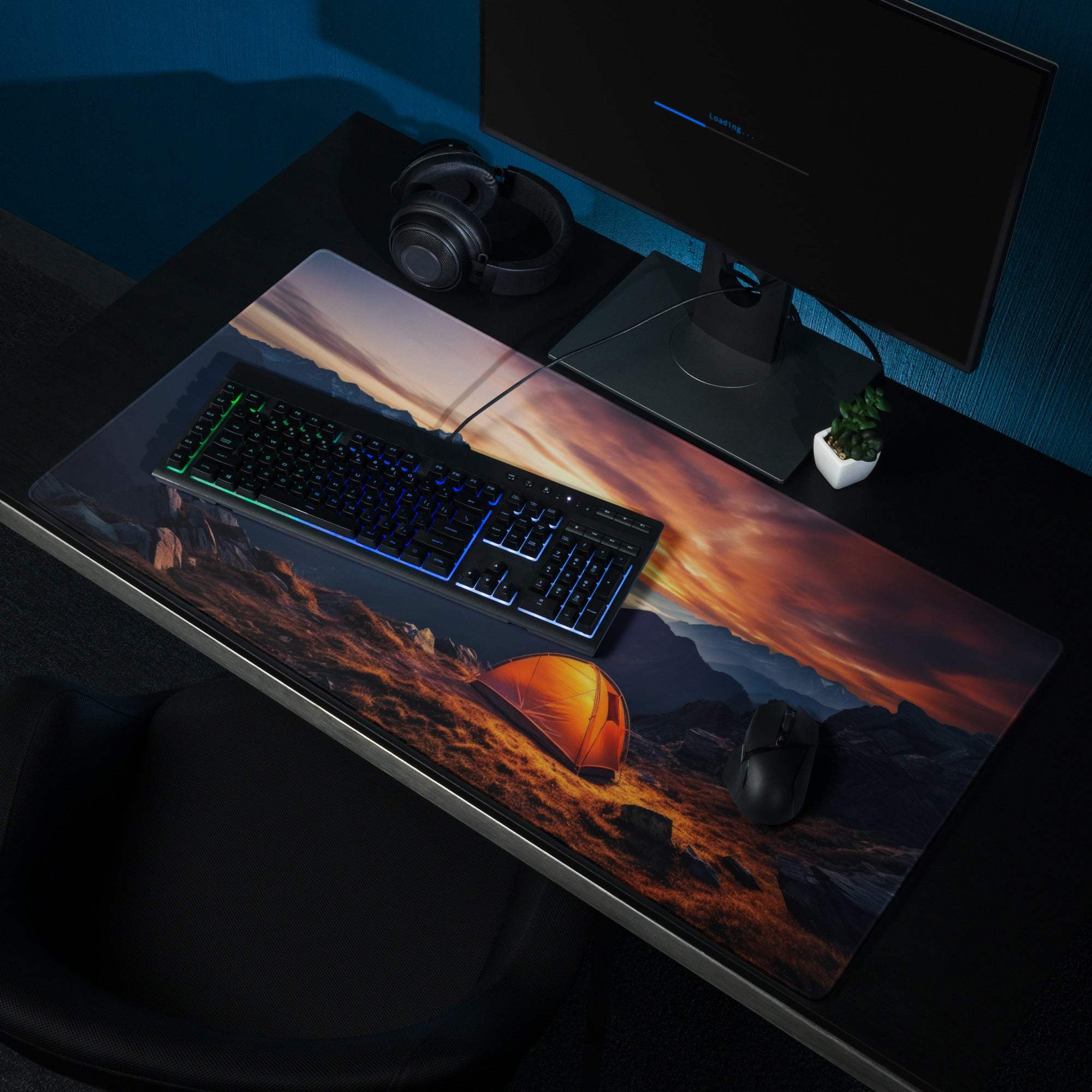 Epic large sunset mountain range orange tent gaming mouse pad