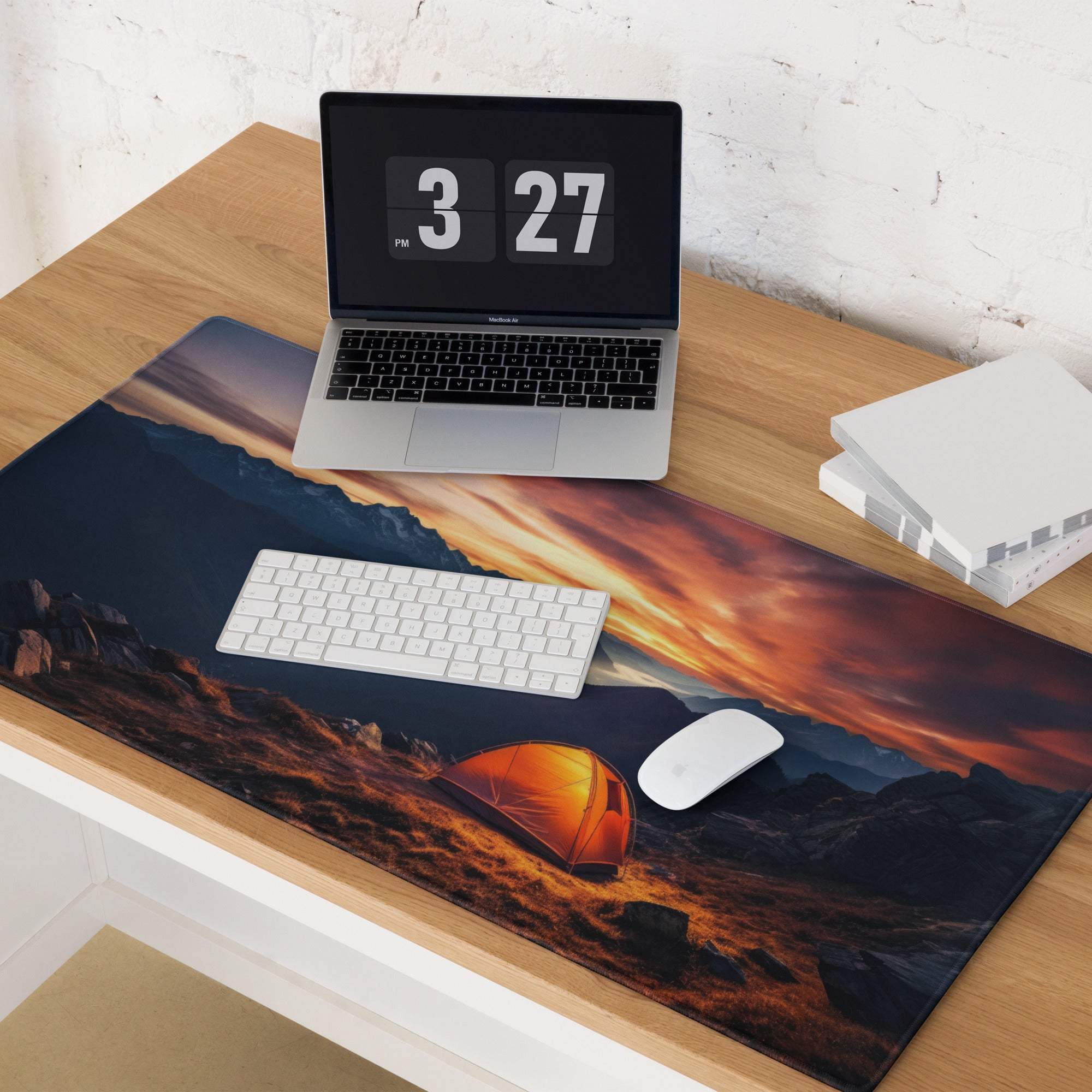 Epic large sunset mountain gaming mouse pad with orange tent, edge stitching, non-slip surface