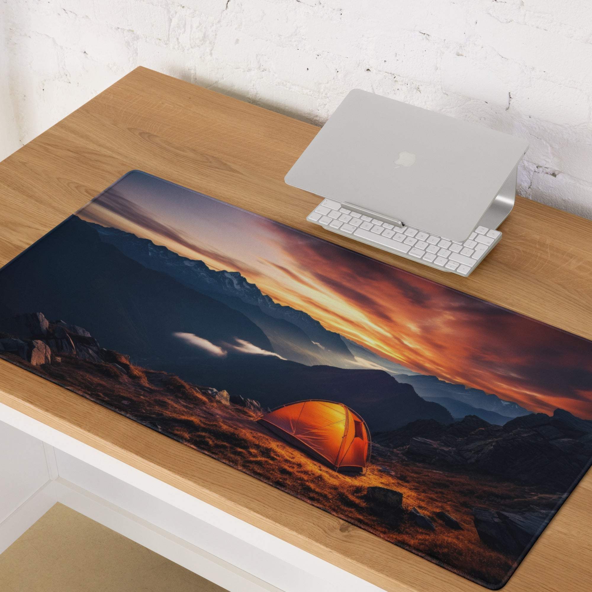 Epic large sunset mountain gaming mousepad with orange tent
