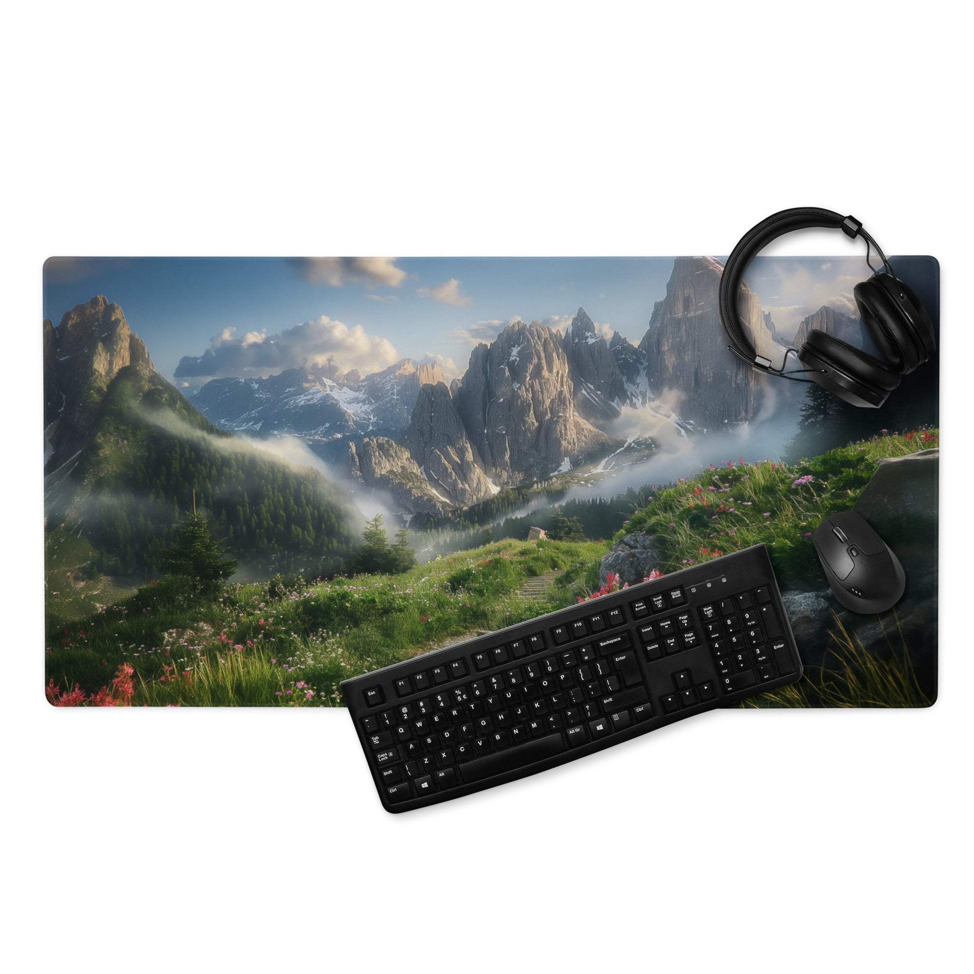Epic Mountain Landscape Gaming Mouse Pad with Vibrant Alpine Meadow Colors