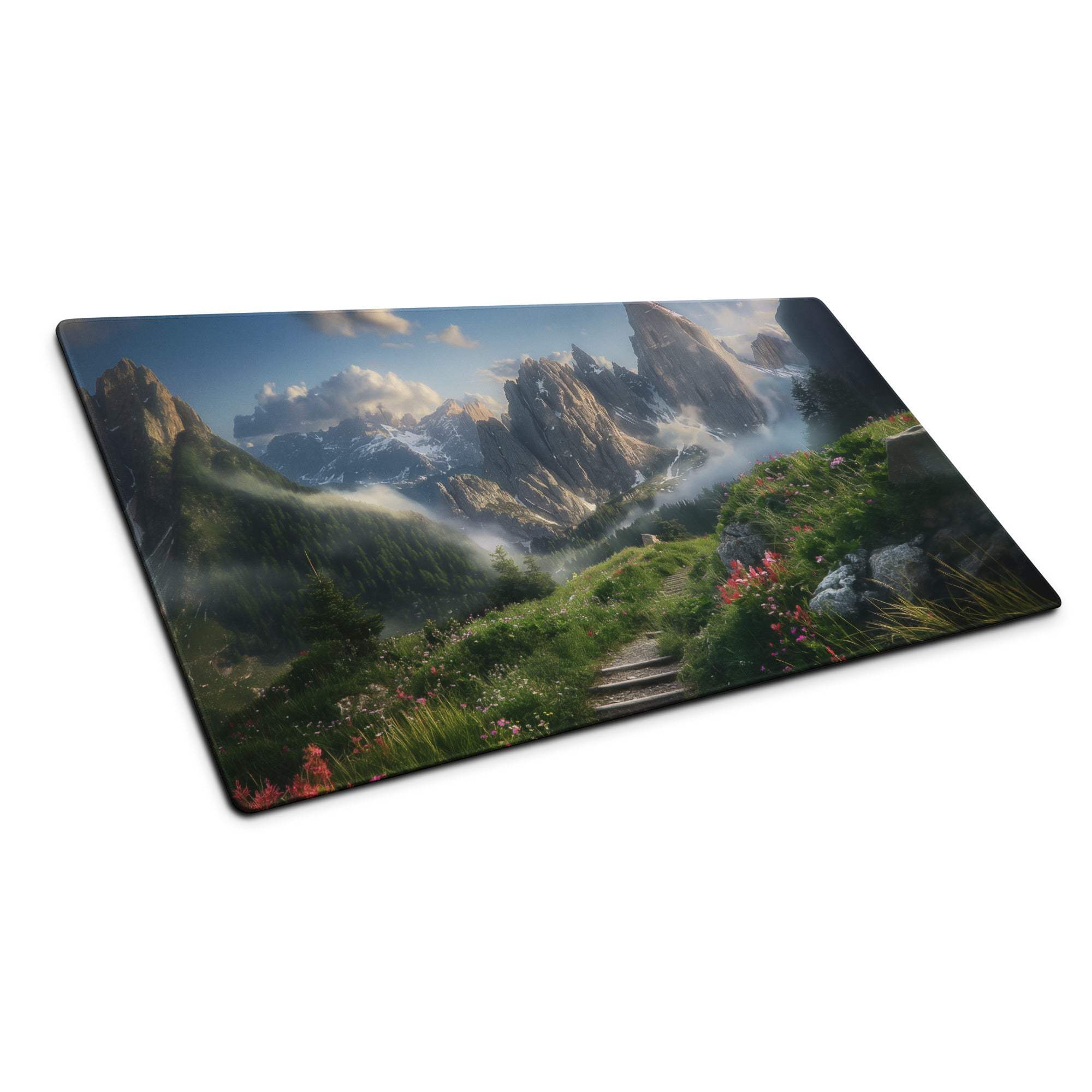 Epic mountain gaming mouse pad with rugged peaks, misty valleys, vibrant alpine meadow