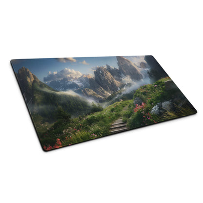 Epic mountain gaming mouse pad with rugged peaks, misty valleys, vibrant alpine meadow