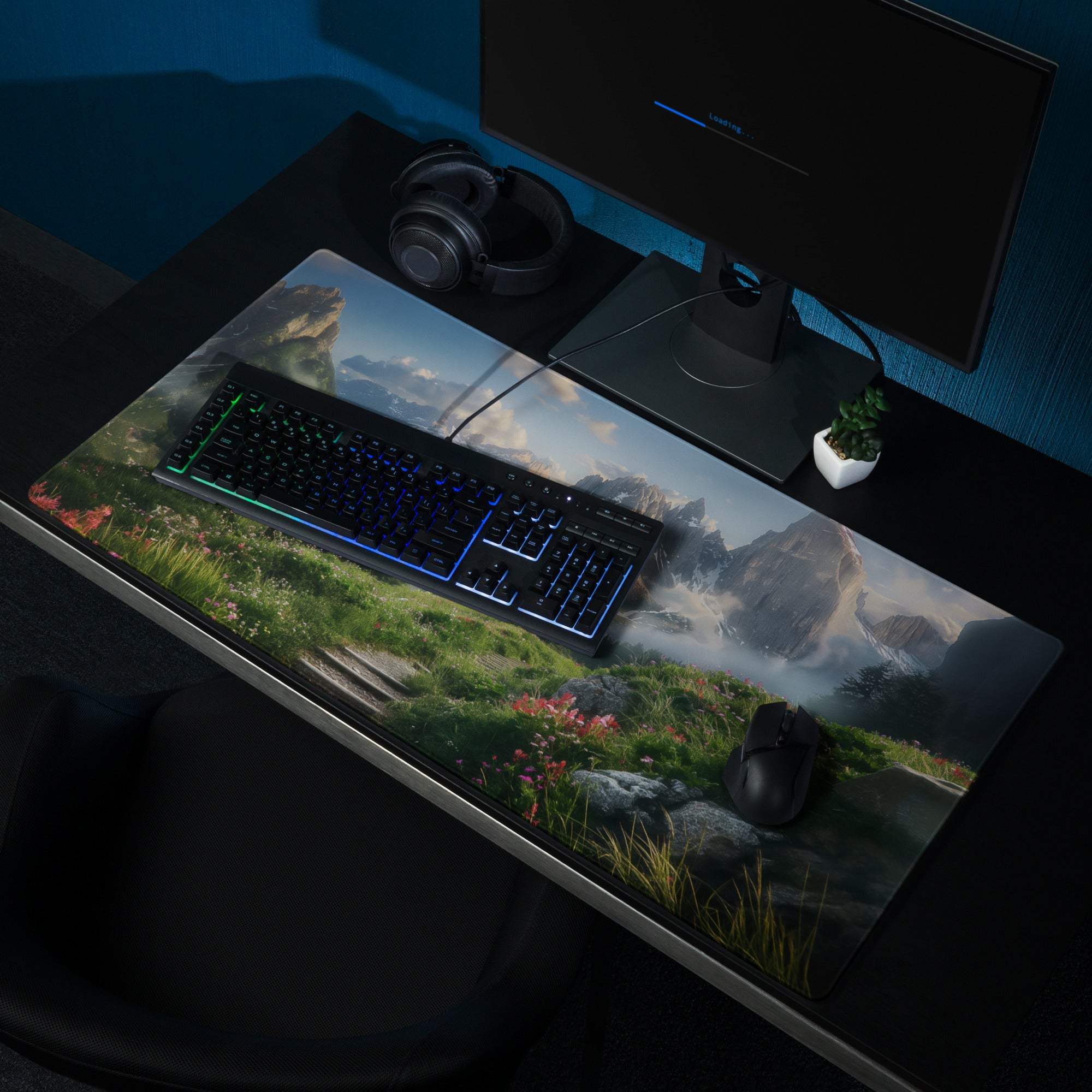 Epic mountain landscape gaming mousepad with vibrant meadow colors
