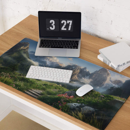 Epic mountain gaming mouse pad with misty peaks, vibrant meadows, non-slip base