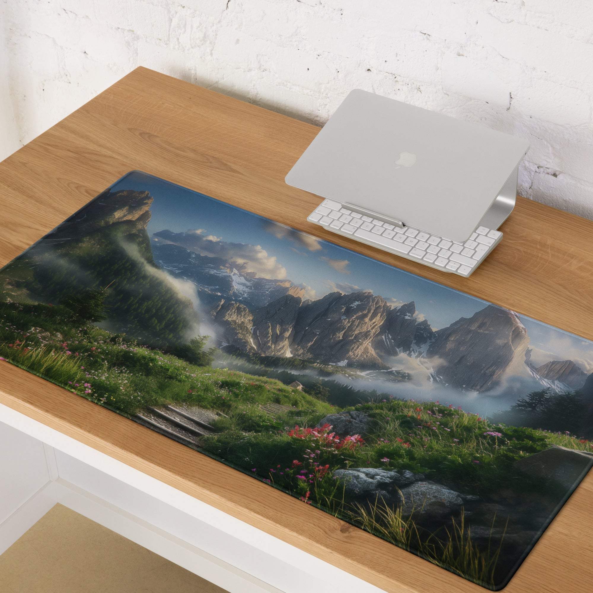 Epic mountain landscape gaming mouse pad with misty peaks, meadows, pink flowers, non-slip base