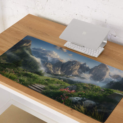 Epic mountain landscape gaming mouse pad with misty peaks, meadows, pink flowers, non-slip base