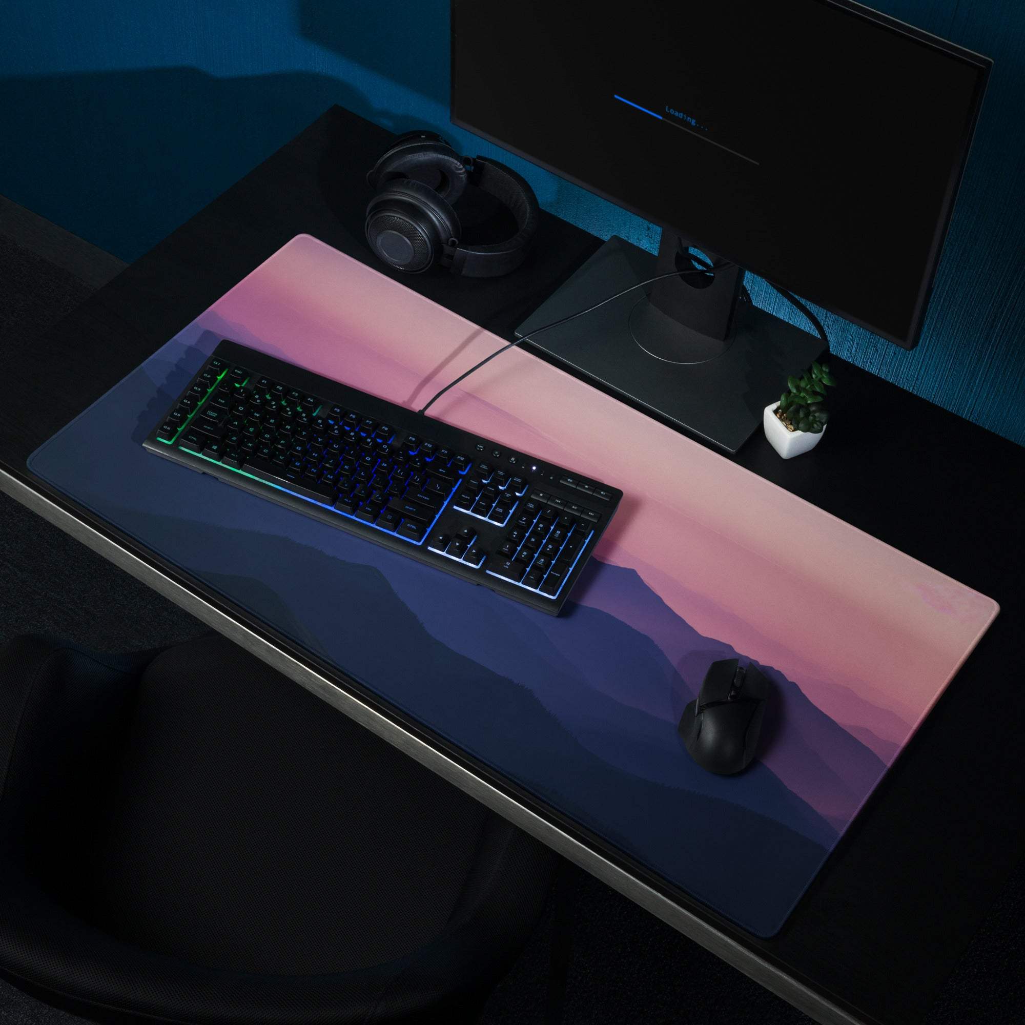 Twilight Mountain Range gaming mouse pad with pink-purple gradient mountains, non-slip base, edge stitching
