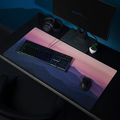 Twilight Mountain Range gaming mouse pad with pink-purple gradient mountains, non-slip base, edge stitching