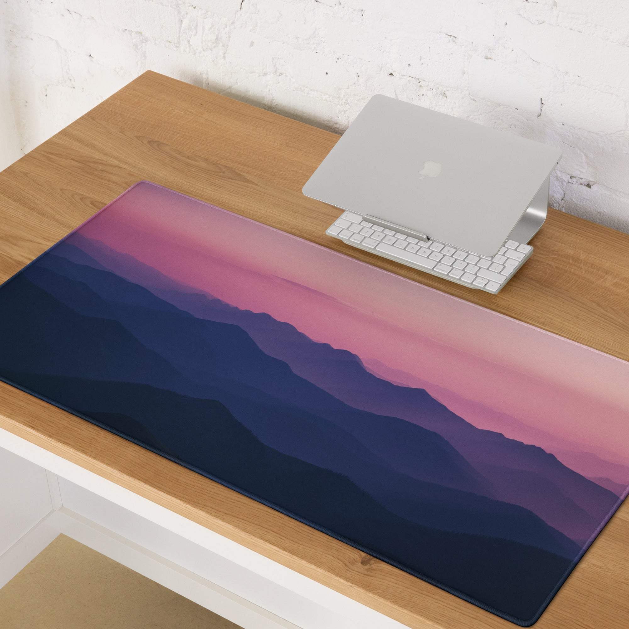 Twilight Mountain Range gaming mouse pad with gradient navy-to-pink mountains