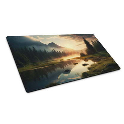 Scenic mountain lake sunrise mouse pad on cutting board style surface