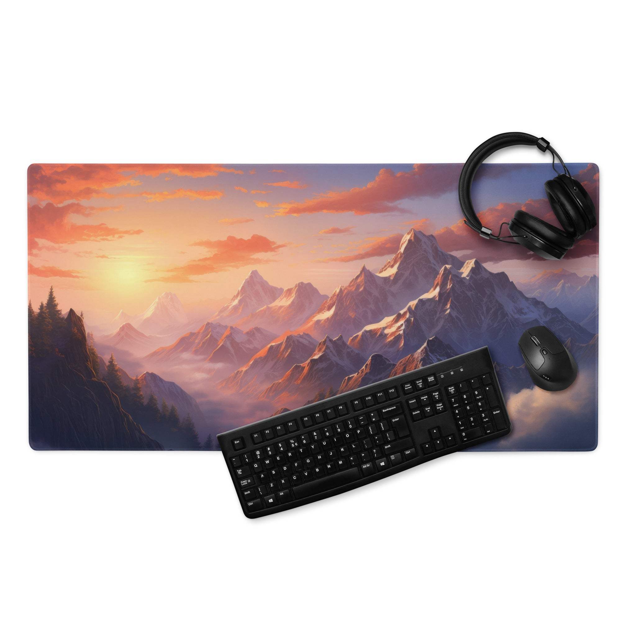 Large mountain sunset gaming mouse pad with non-slip base and vivid stitching