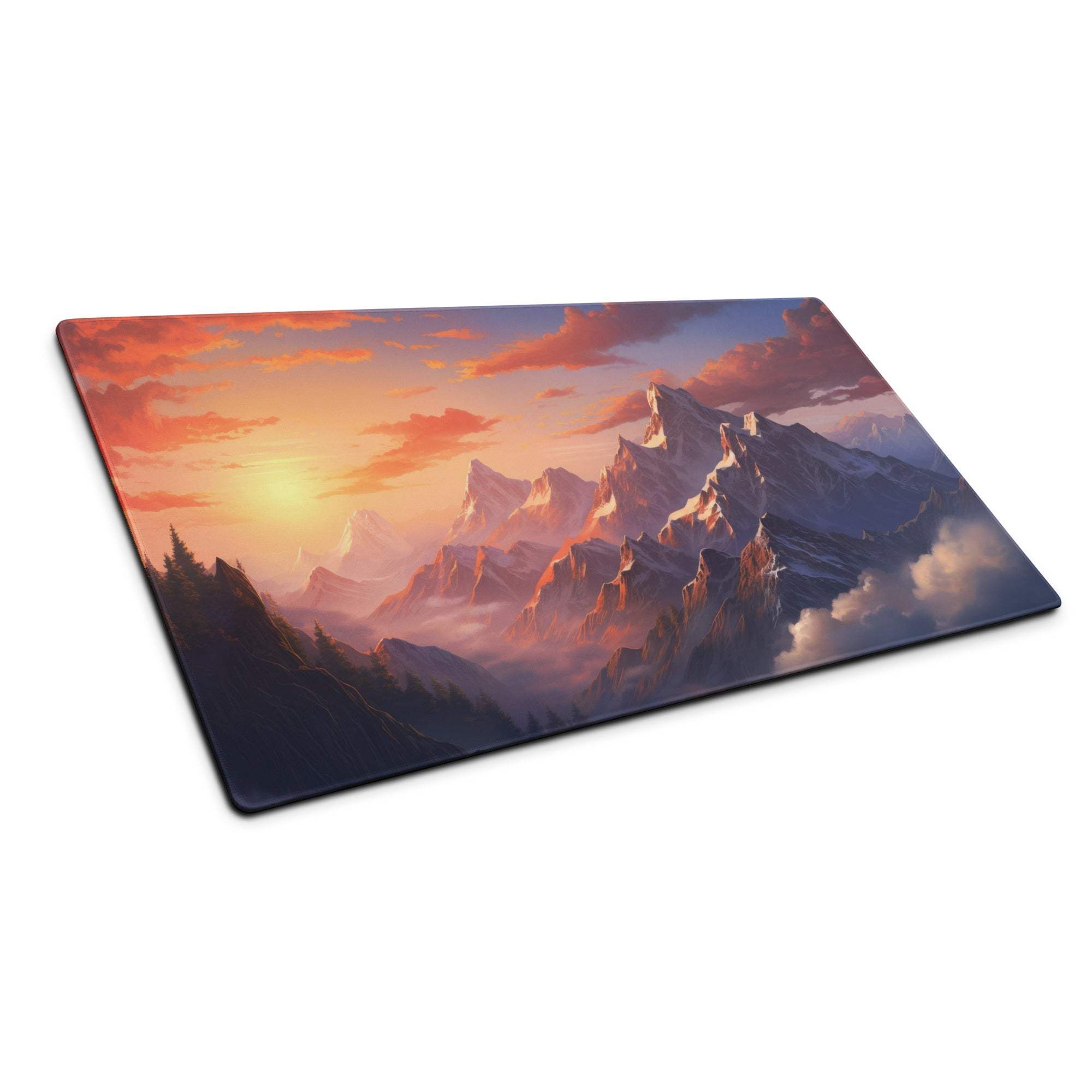 Large mountain sunset gaming mouse pad with non-slip base and vivid stitching