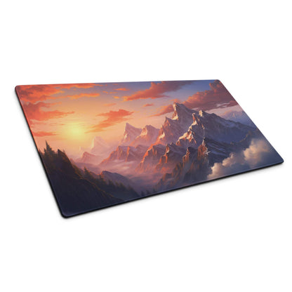 Large mountain sunset gaming mouse pad with non-slip base and vivid stitching