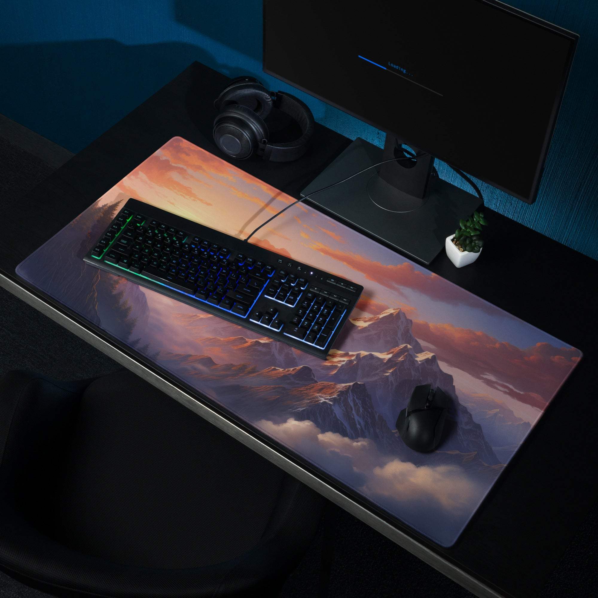 Large Mountain Sunset Gaming Mouse Pad with vivid pink-orange peaks and non-slip base