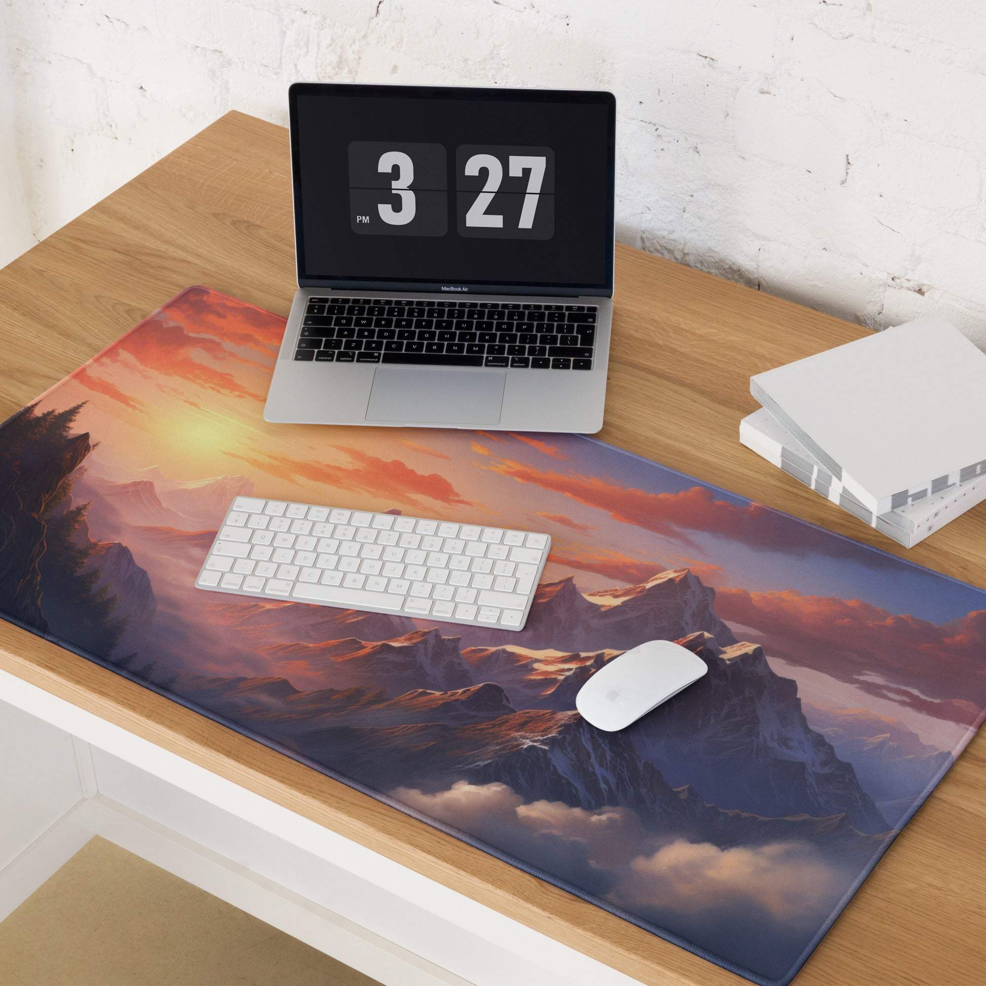 Large Mountain Sunset gaming mouse pad with non-slip base and vivid edge stitching