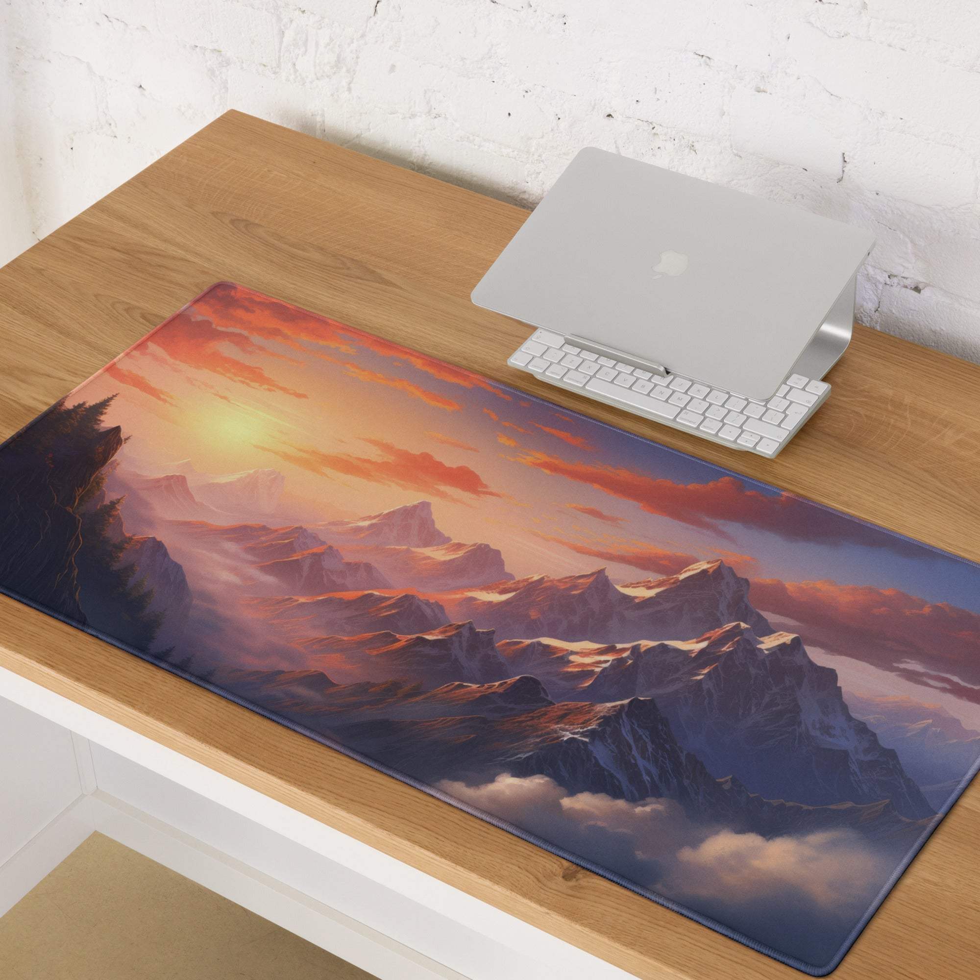 Mountain Sunset large gaming mouse pad with snow-capped mountains, non-slip base