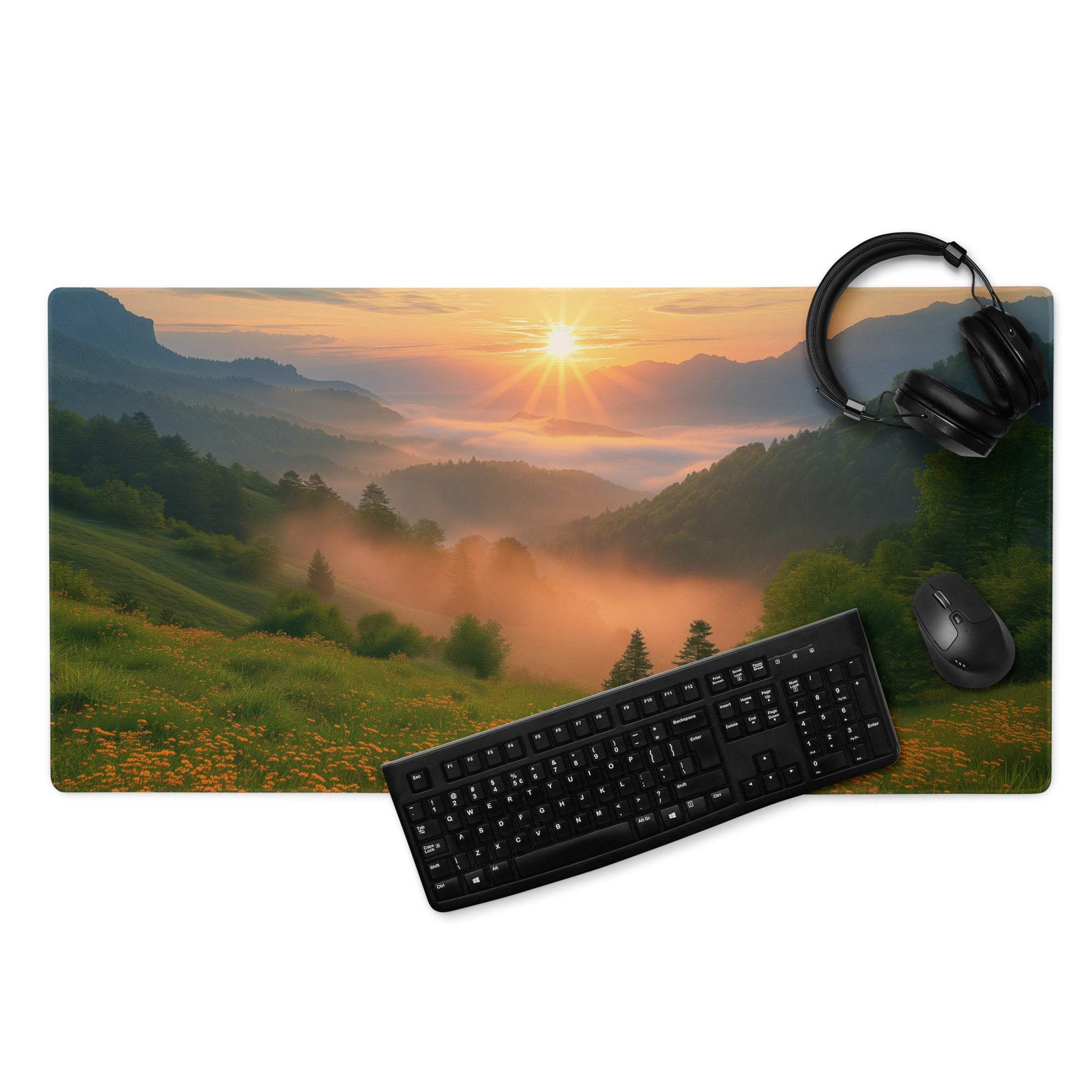 Premium edge-stitched large non-slip gaming mouse pad with mountain sunrise landscape