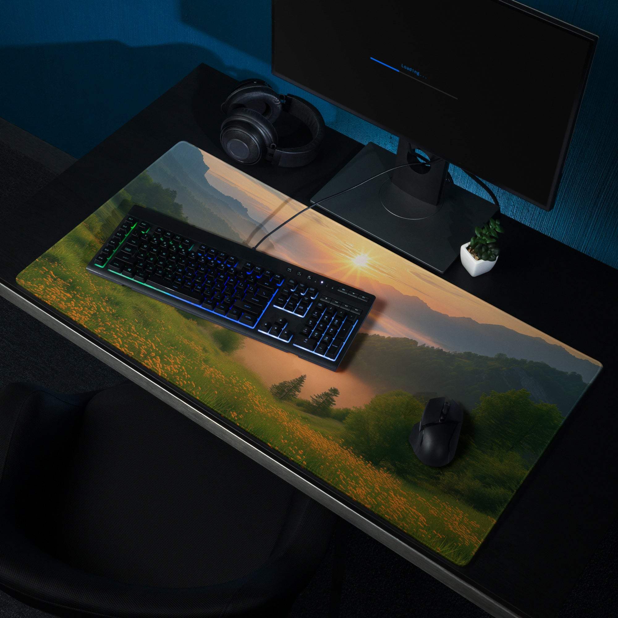 Premium edge-stitched large non-slip gaming mouse pad with mountain sunrise landscape