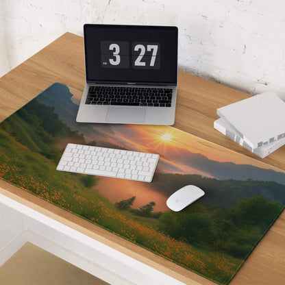 Premium edge-stitched large gaming mouse pad with mountain sunrise over hills