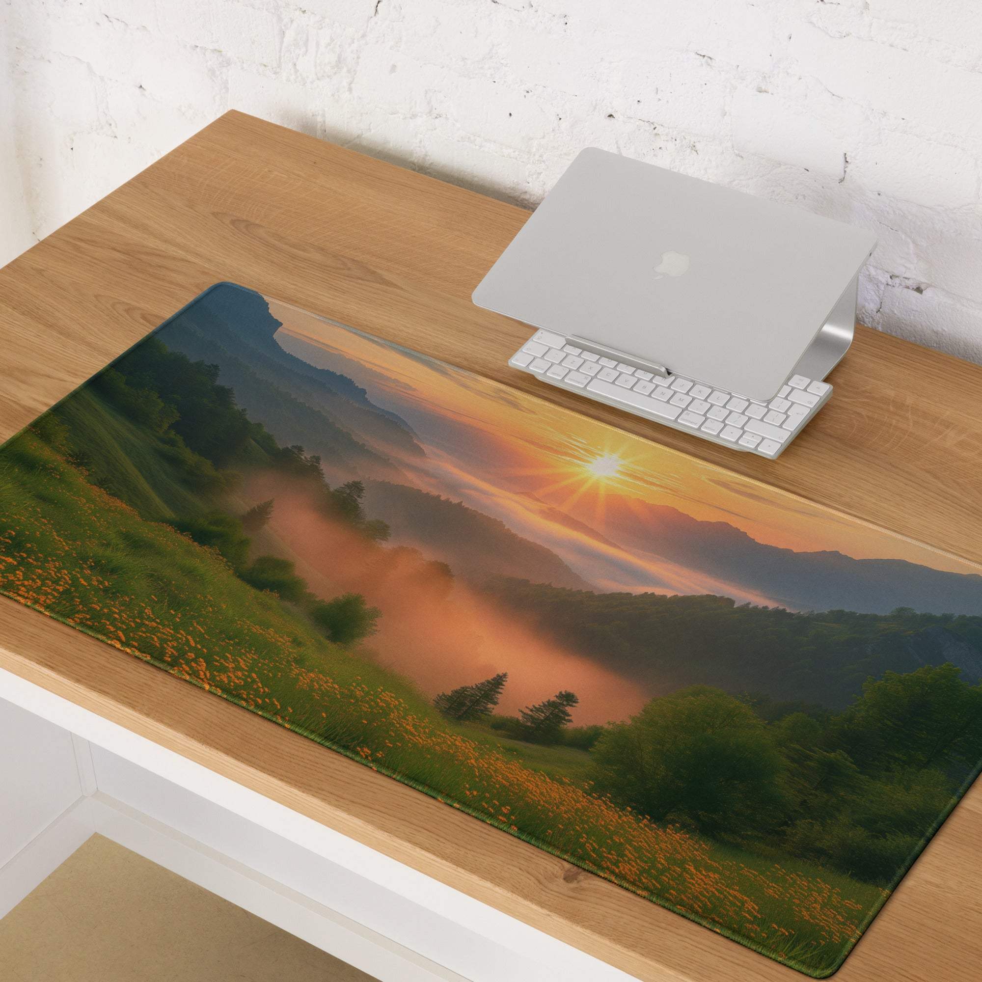 Premium large non-slip gaming mouse pad with mountain sunrise and edge stitching