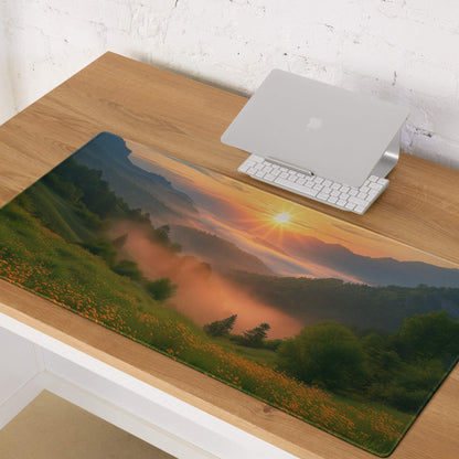 Premium large non-slip gaming mouse pad with mountain sunrise and edge stitching