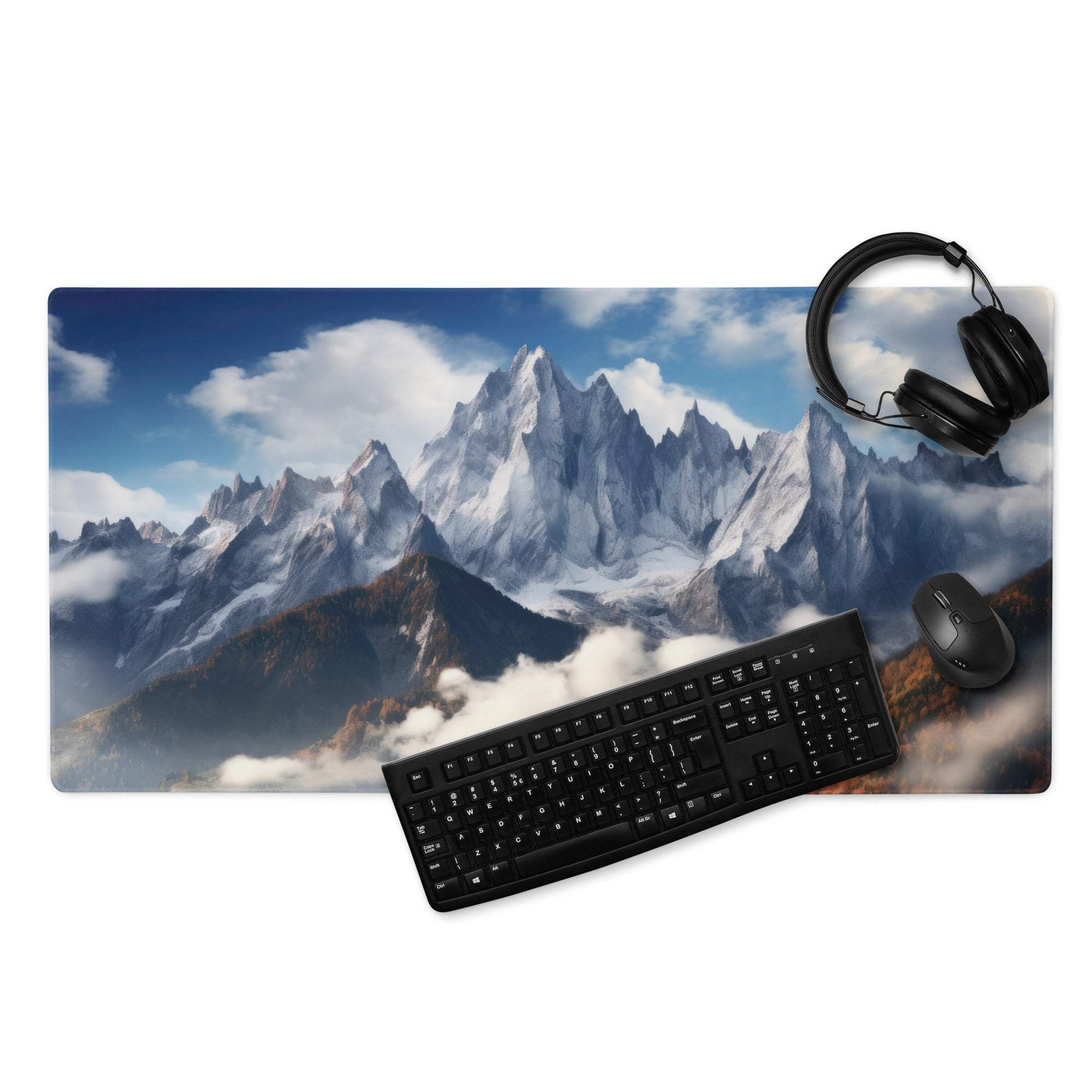 Epic mountain landscape gaming mousepad with snow peaks, blue sky, non-slip base