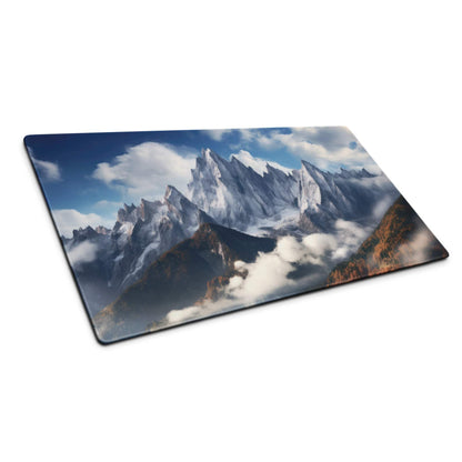 Epic mountain landscape blue sky gaming mouse pad with snow peaks, edge stitching